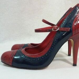 Vintage Leather Mary Jane Pumps Blue Red Pin Up Girl Heels Size 8